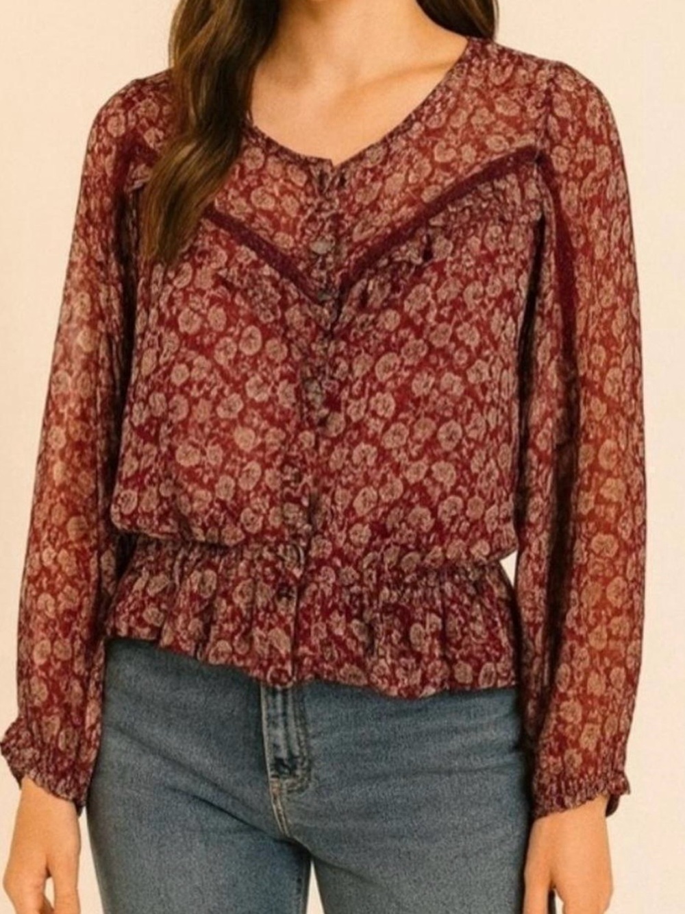 American Eagle Burgundy Floral Lace Peplum Blouse Whimsigoth Romantic Medium